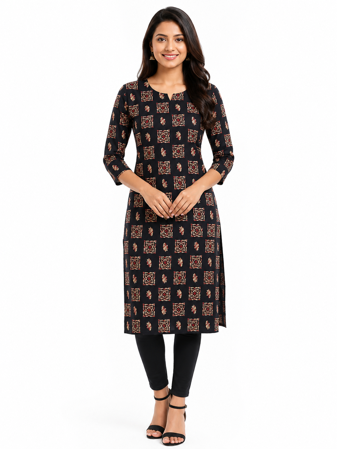BLACK AJRAK PRINT SIDE OPEN TOP